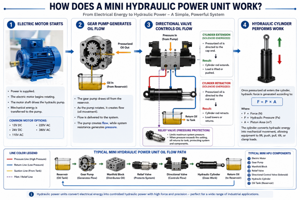 How a mini hydraulic power unit works.