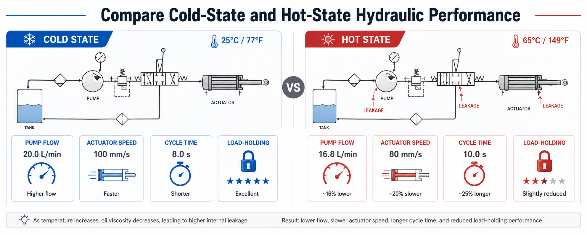 Compare Hydraulic System Cold and Hot Performance