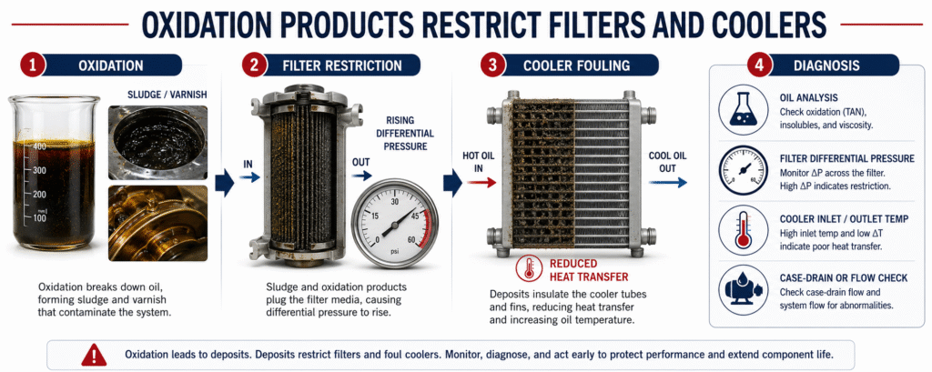 Oxidation Products Restrict Filters and Coolers.
